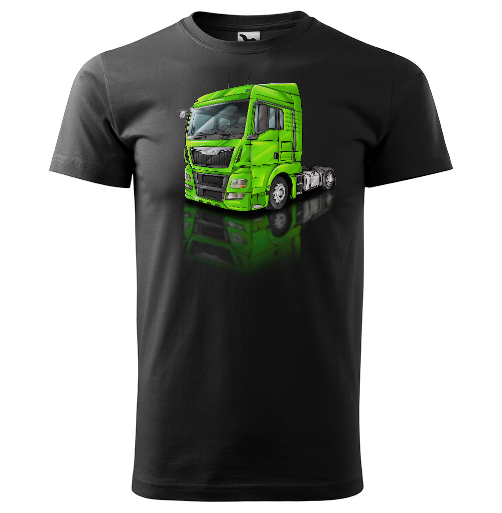 Pánské tričko Kamion – výběr barvy (Velikost: XS, Barva trička: Černá, Barva kamionu: Zelená)