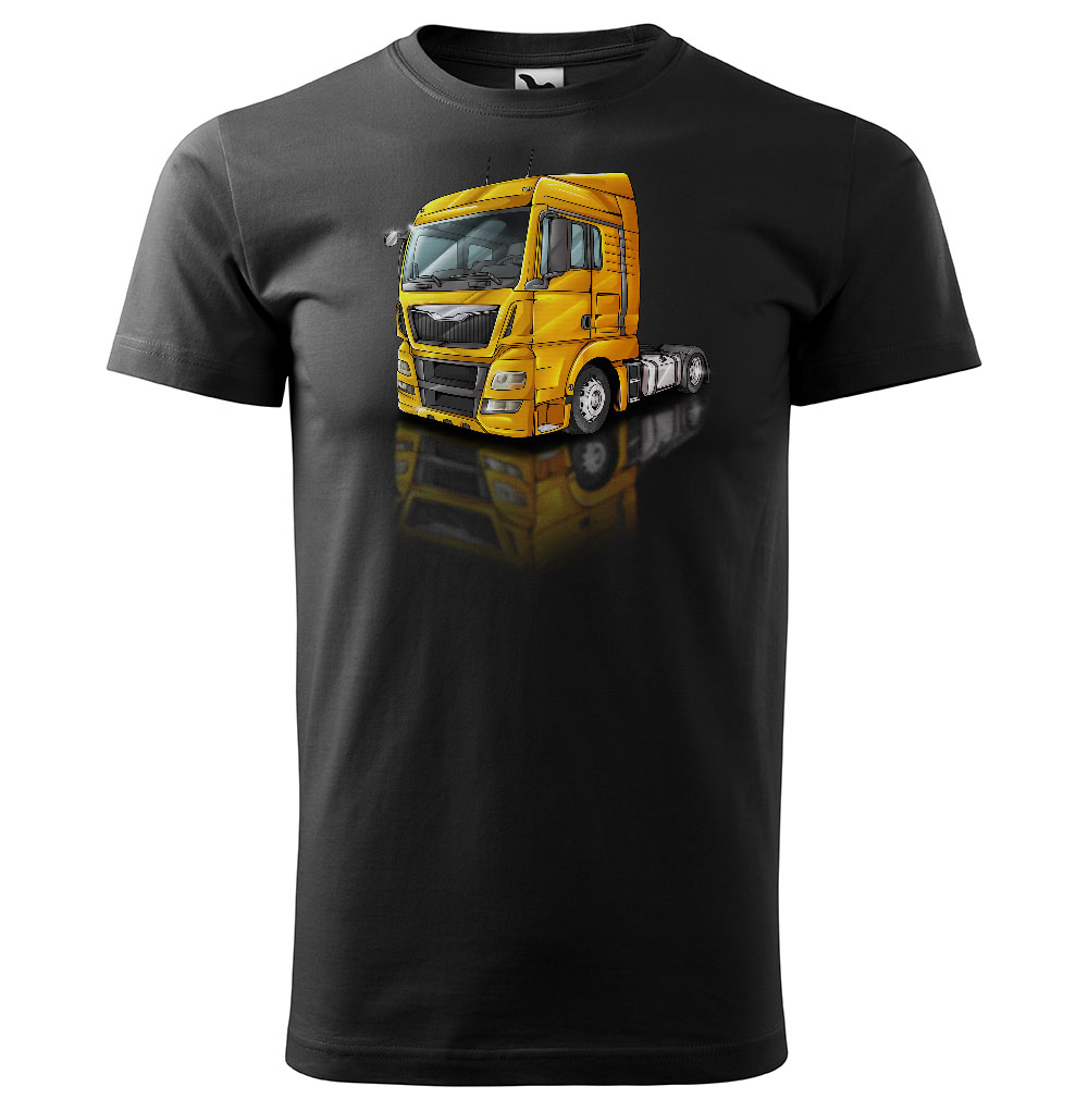 Pánské tričko Kamion – výběr barvy (Velikost: L, Barva trička: Černá, Barva kamionu: Oranžová)