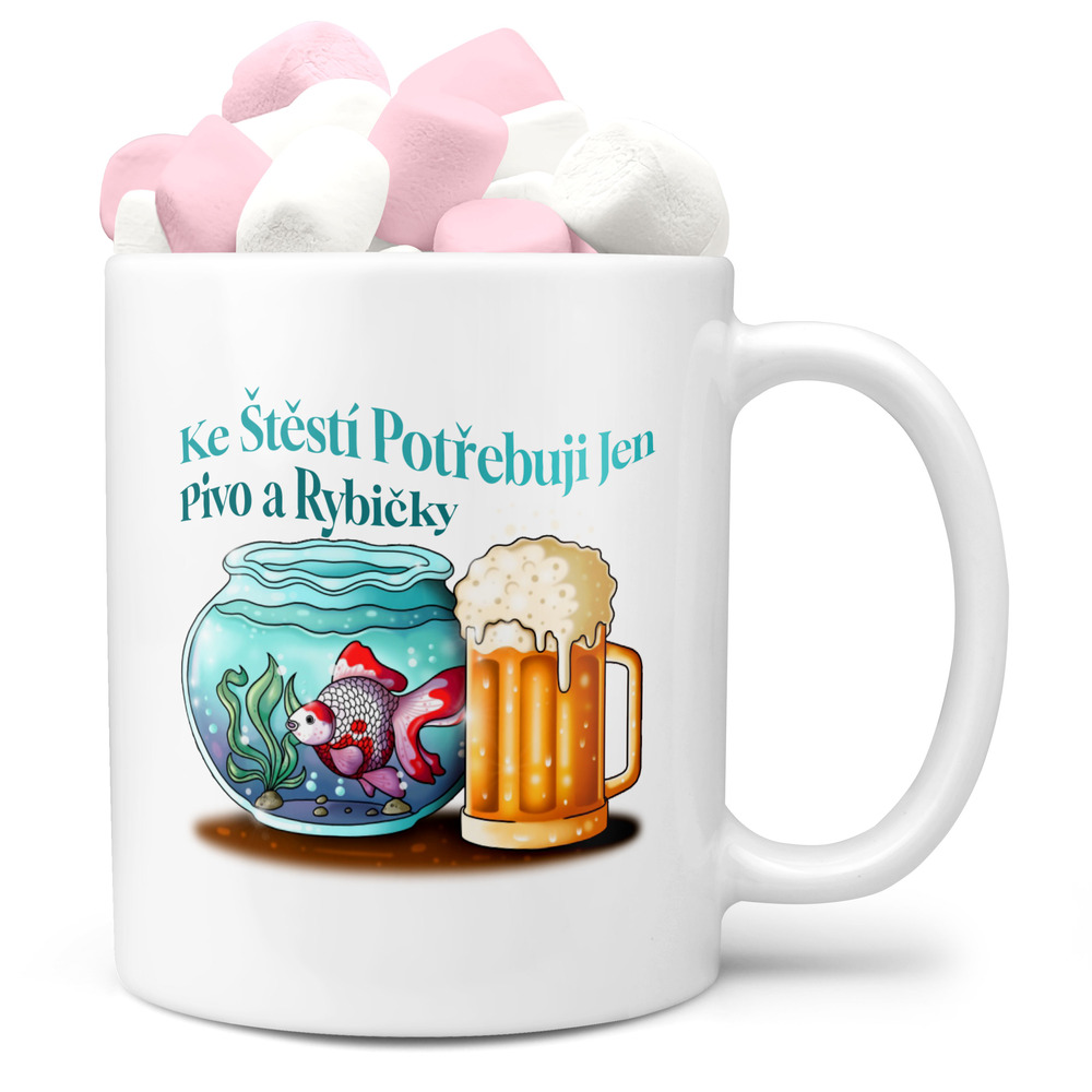 Hrnek Štěstí = Pivo + rybičky (Náplň hrníčku: Marshmallow)