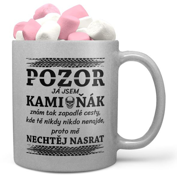 Hrnek Pozor kamioňák (stříbrný) (Náplň hrníčku: Marshmallow)