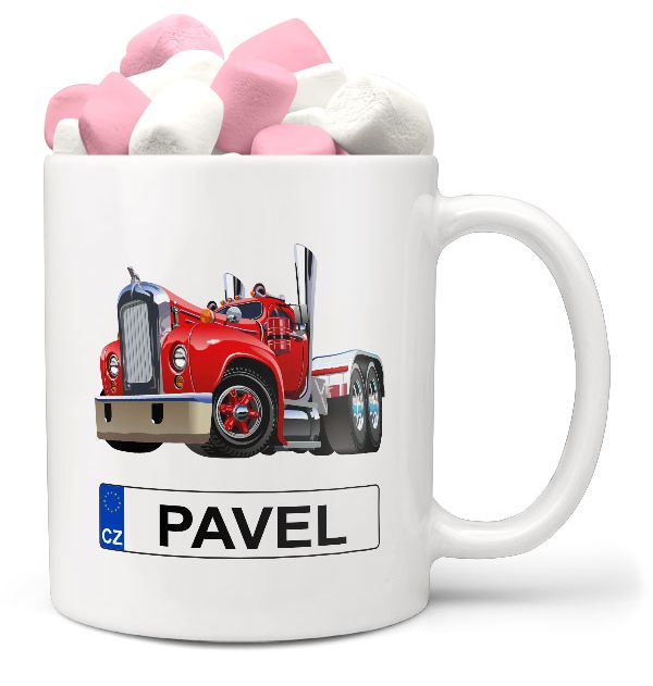 Hrnek SPZ se jménem – barevný kamion (Jméno: Pavel, Náplň hrníčku: Marshmallow)